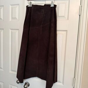 Vintage Maxi Chocolate Brown A-Line 100% Suede Skirt with 4" Handkerchief Hem
